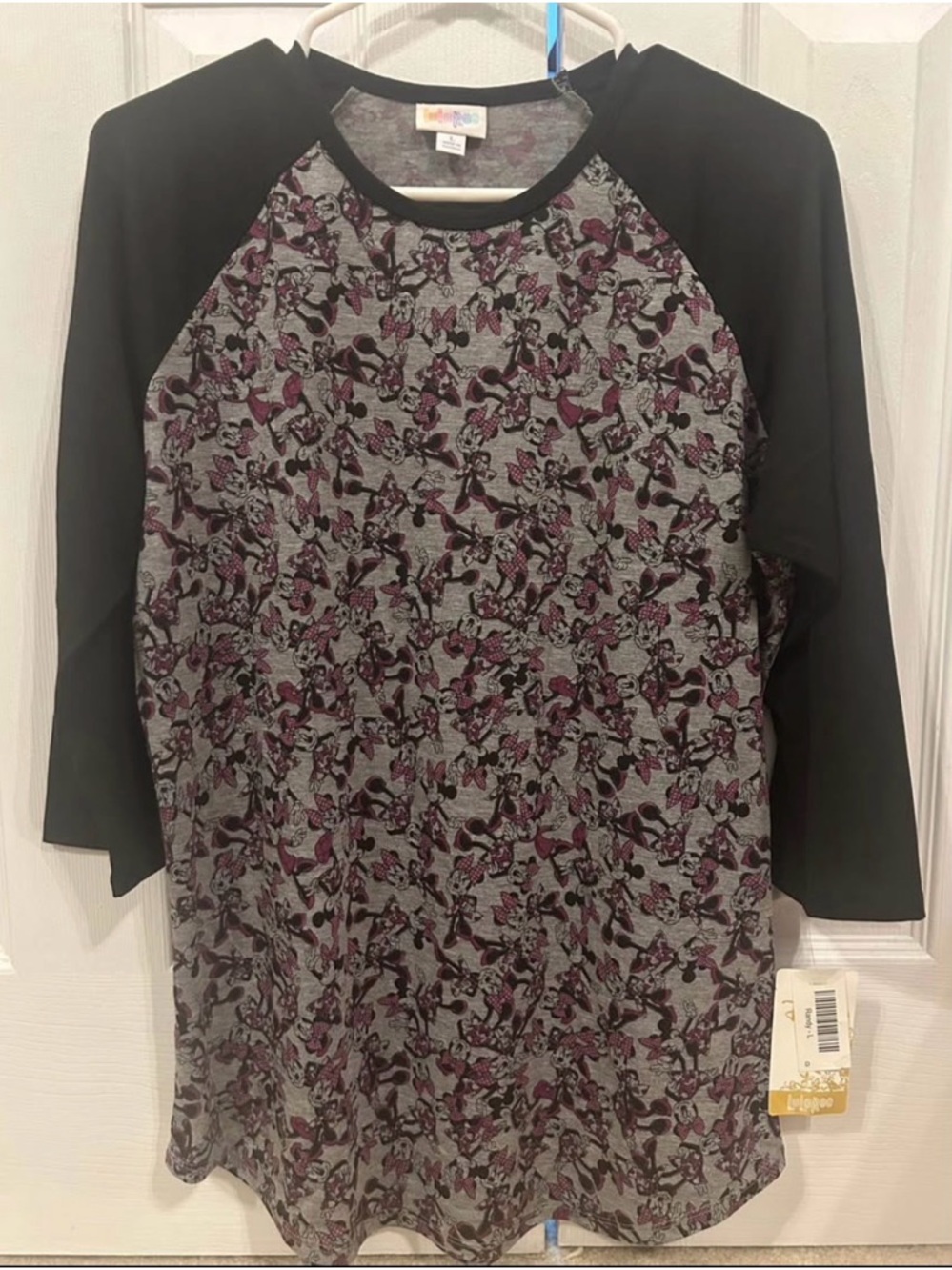 Disney LuLaRoe Black Raglan Top with Burgundy & Gray Minnie Mouse Print